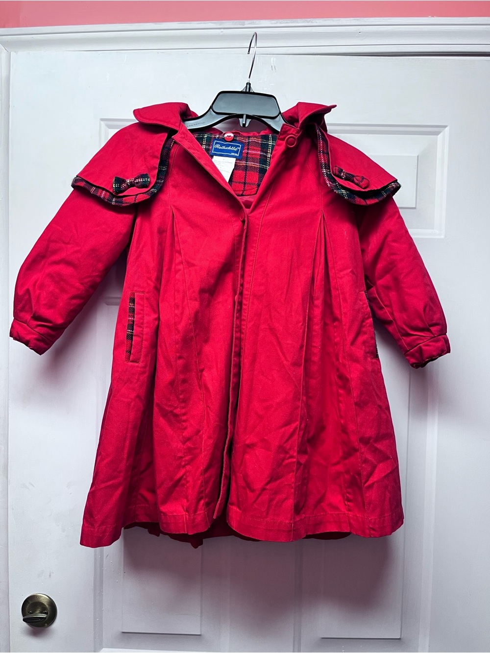 Rothschild Red Girls' Hooded Coat with Plaid Trim